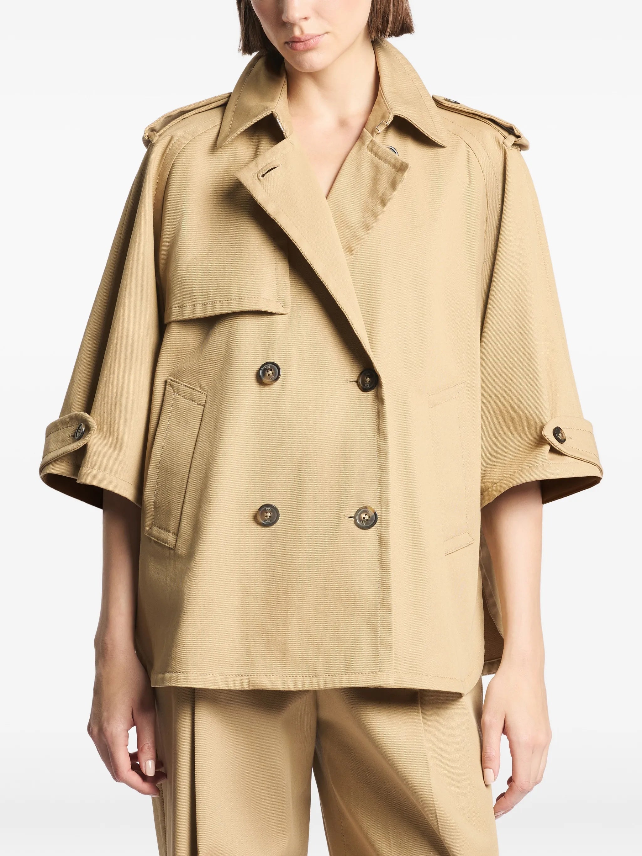 Boxy Brown Trench Elbow-Length Sleeve Jacket