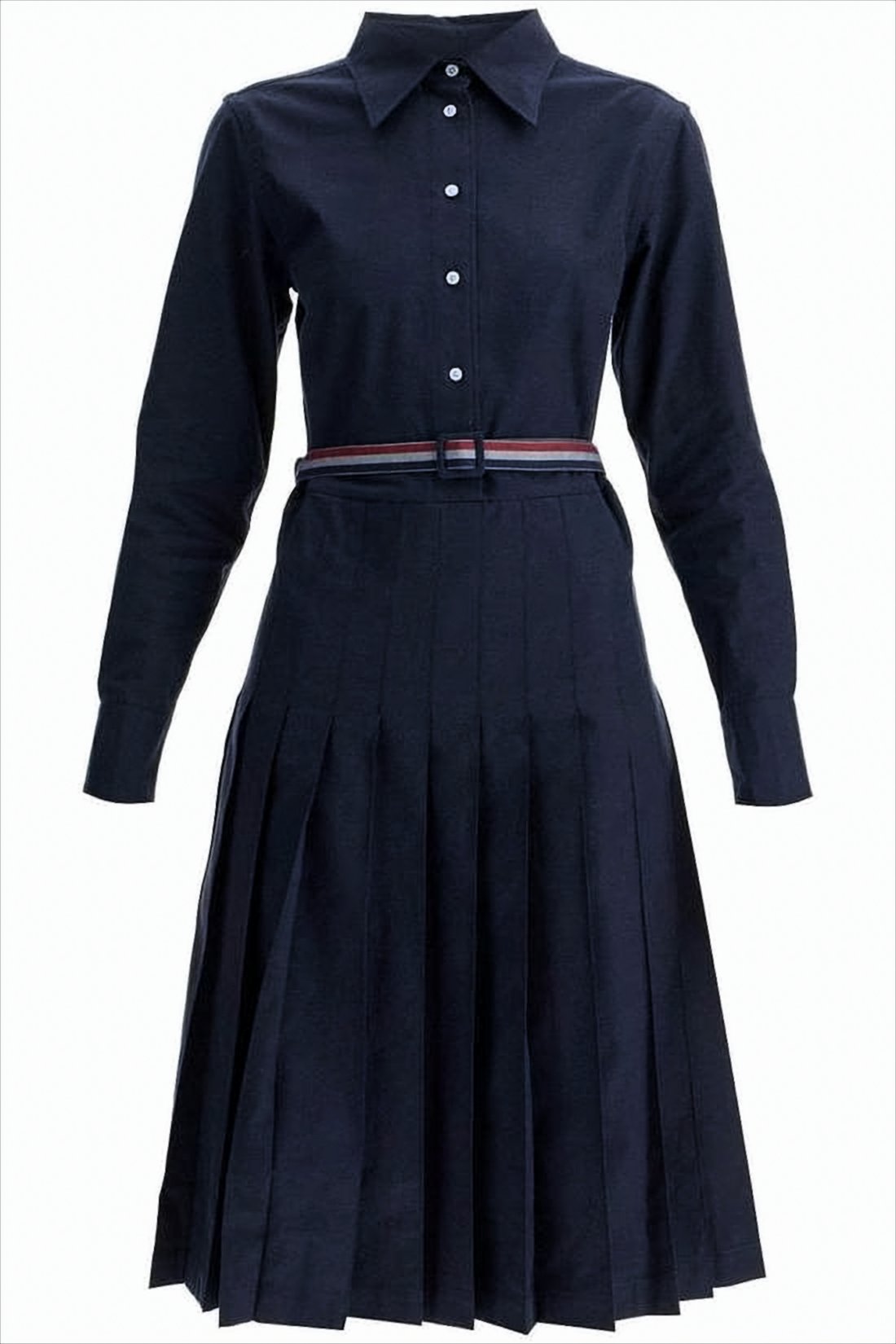 Pleated Midi Dress with Classic Collar and Waist Belt