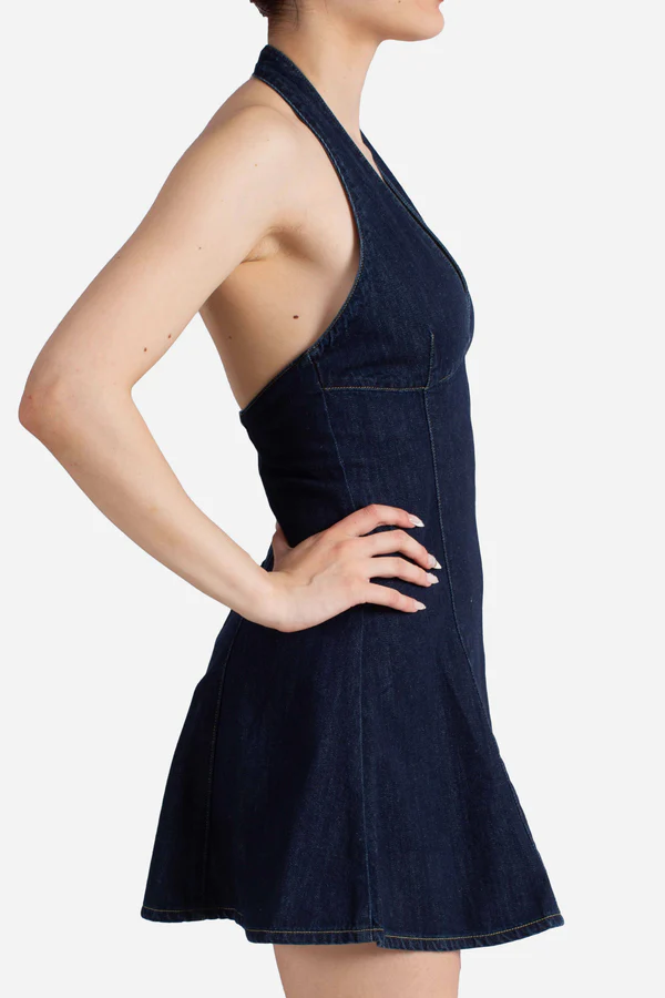 Dark Blue Denim Mini Dress with Halter Neckline