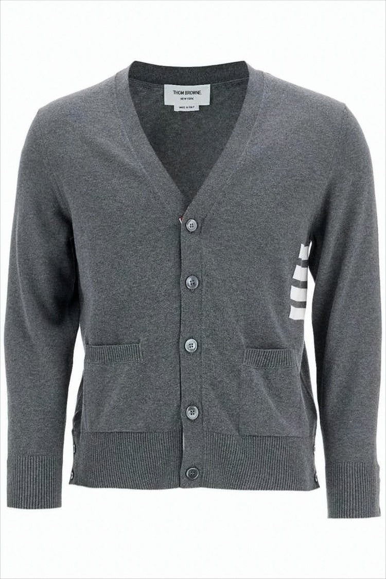 V-Neck Cotton Cardigan with Ribbed Cuffs and Subtle Stripes