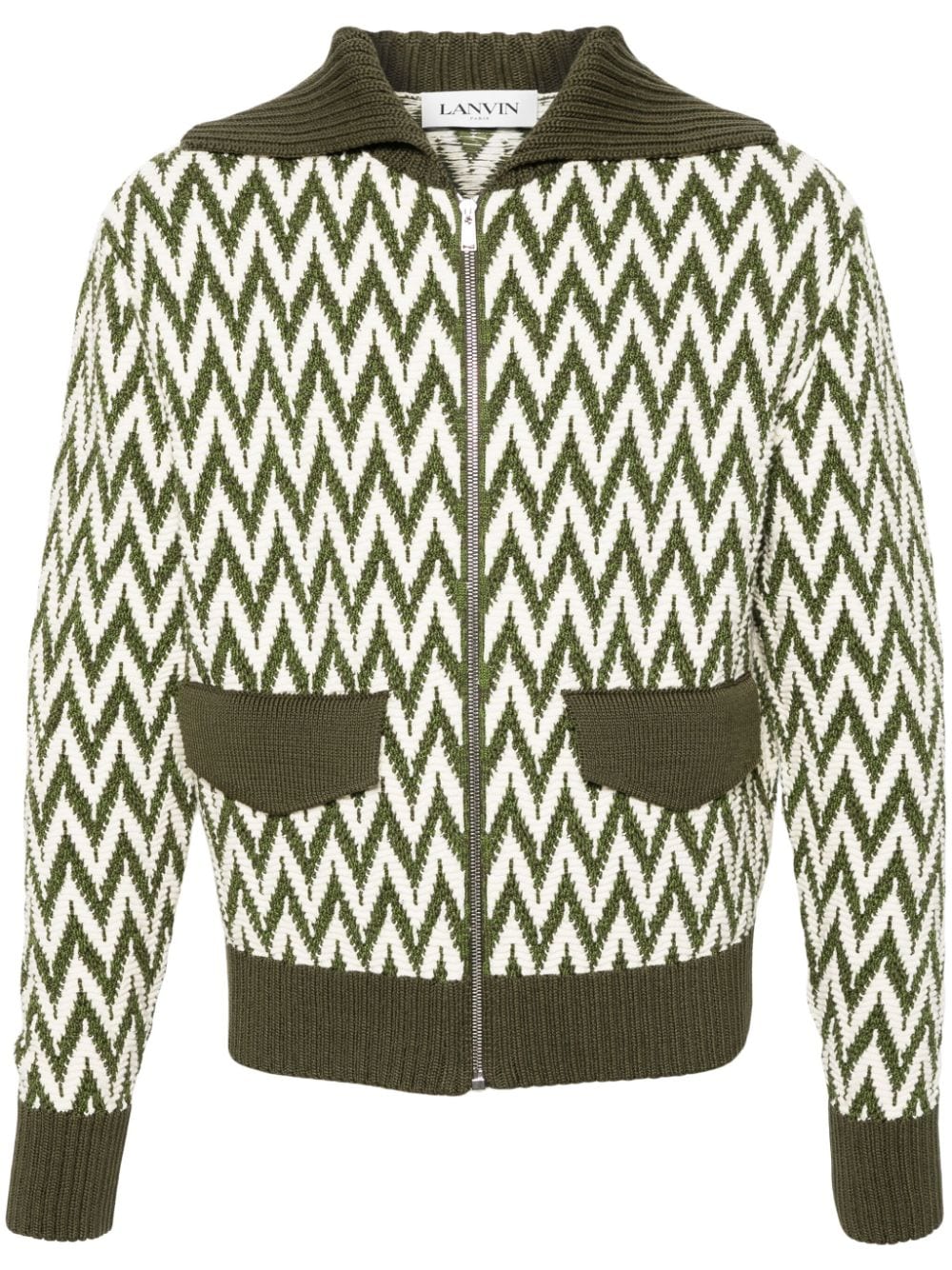 Khaki and White Herringbone Pattern Cotton Sweater