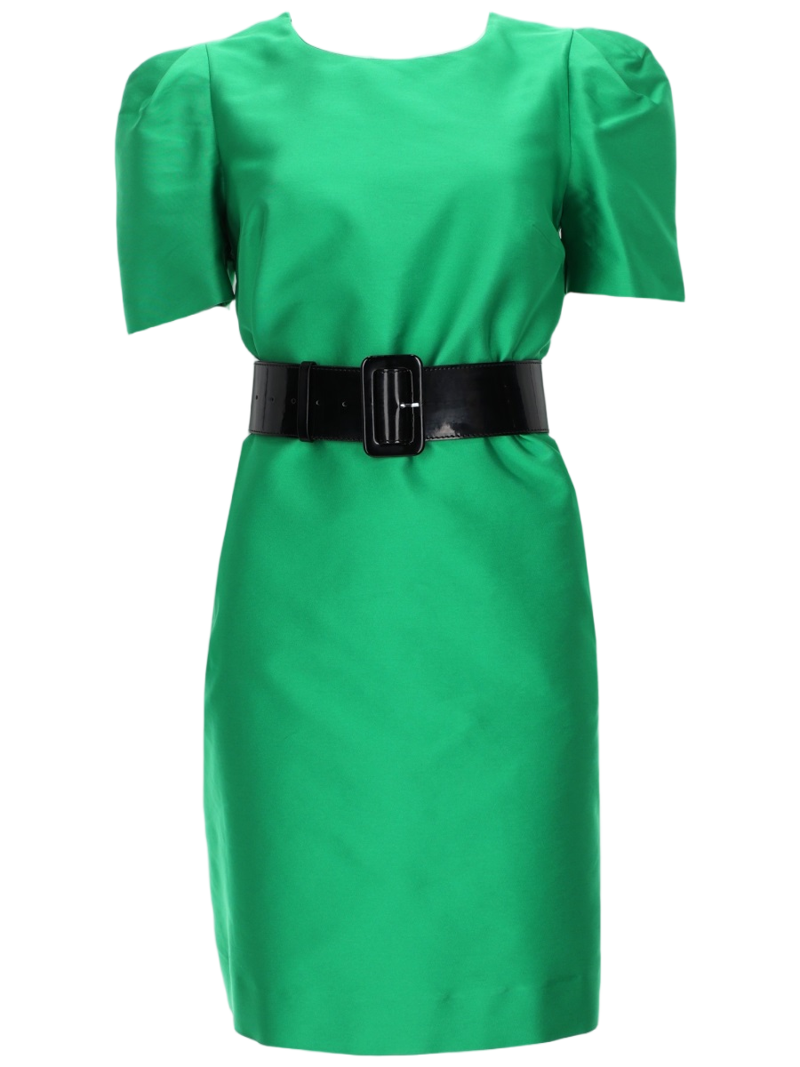 Structured Satin Mini Dress with Belted Waist and Puff Sleeves