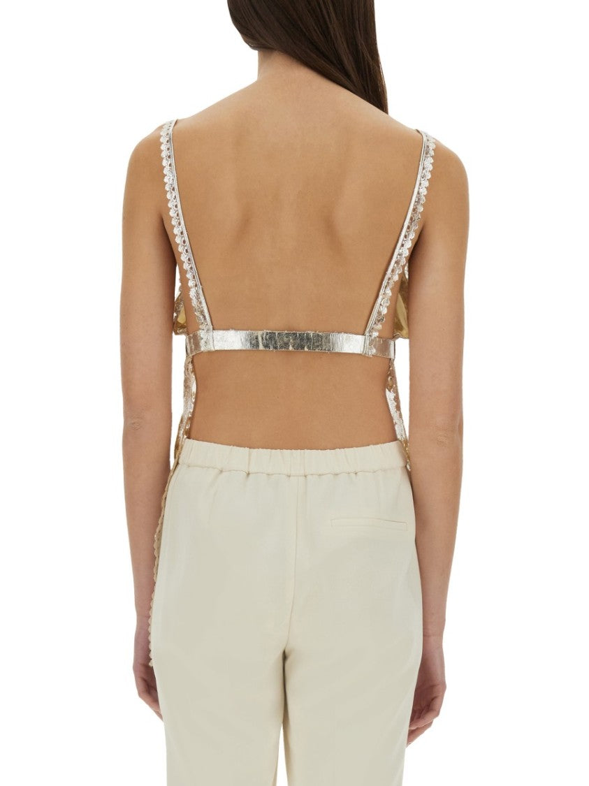 Laminated Pleated Satin Top With Lace Detail