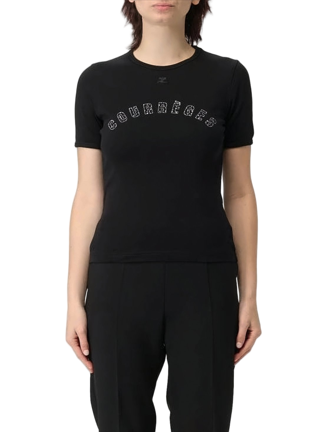 Fitted Black T-Shirt with Curved Logo Detail