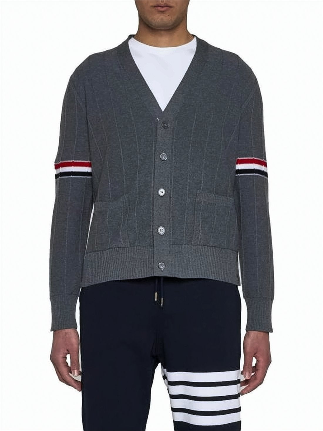 Grey Wool Cardigan with V-Neck and Iconic Striped Accents