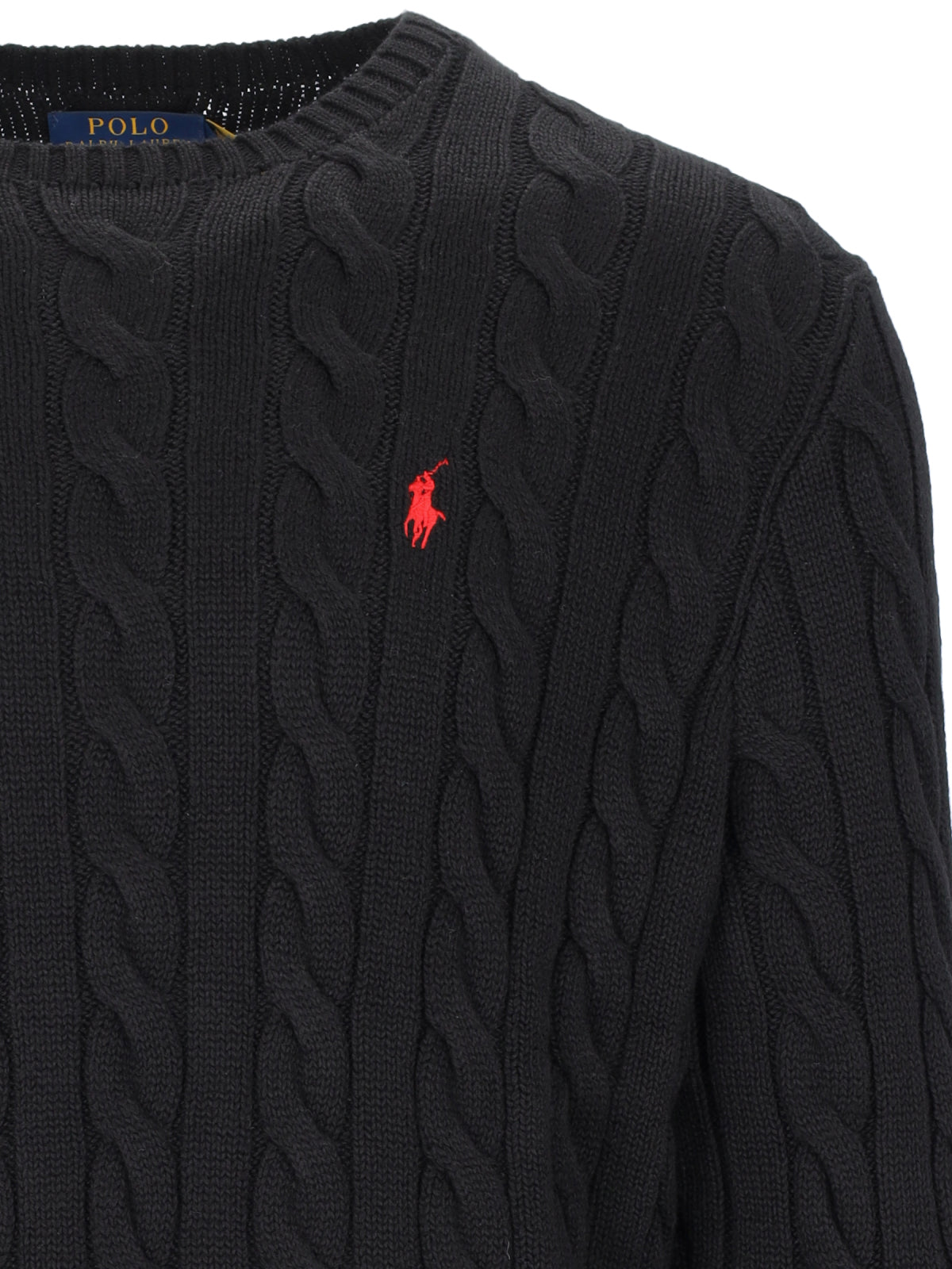 Cable Knit Cotton Sweater With Red Logo Embroidery