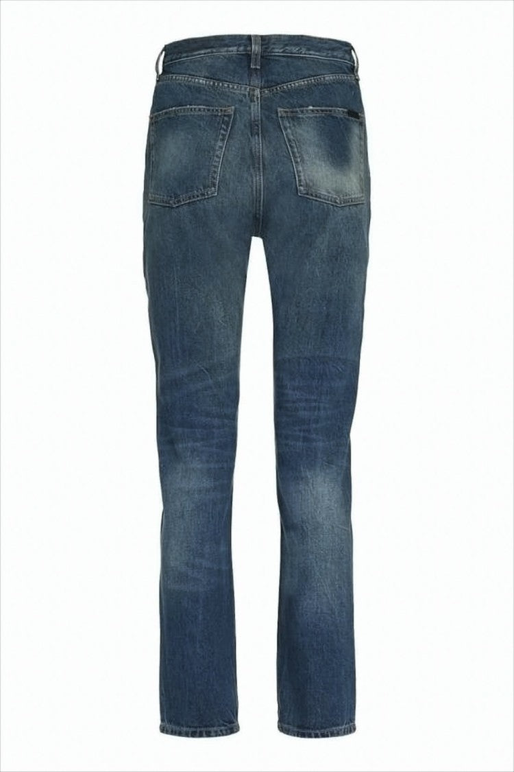 Slightly Faded Blue Denim Pants with Five-Pocket Design