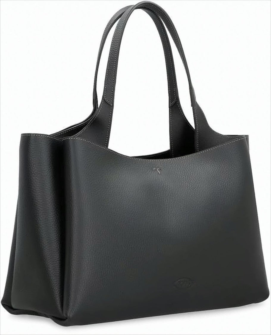 Black Leather Shoulder Bag with Metallic Accent