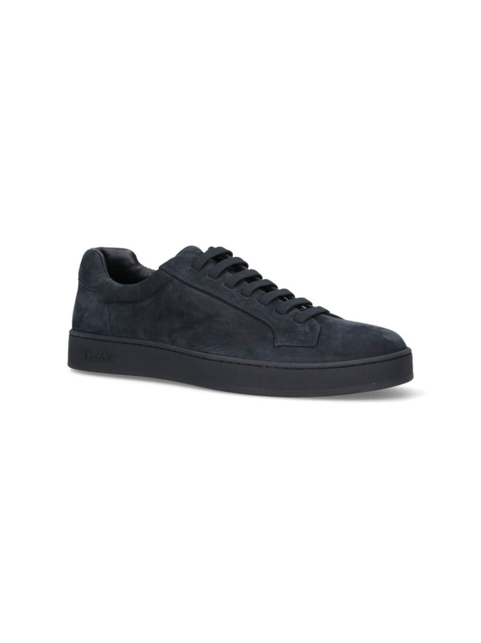 Navy Textured Leather Low-Top Sneakers With Rounded Toe Design
