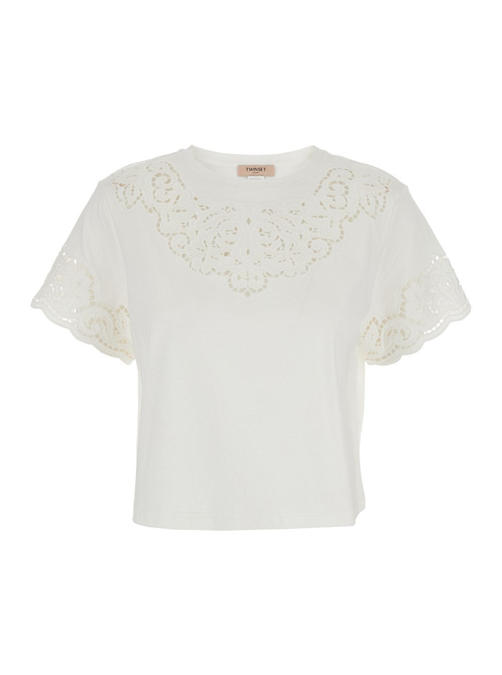 Cropped White Top with Intricate Lace Cut-Out Detailing