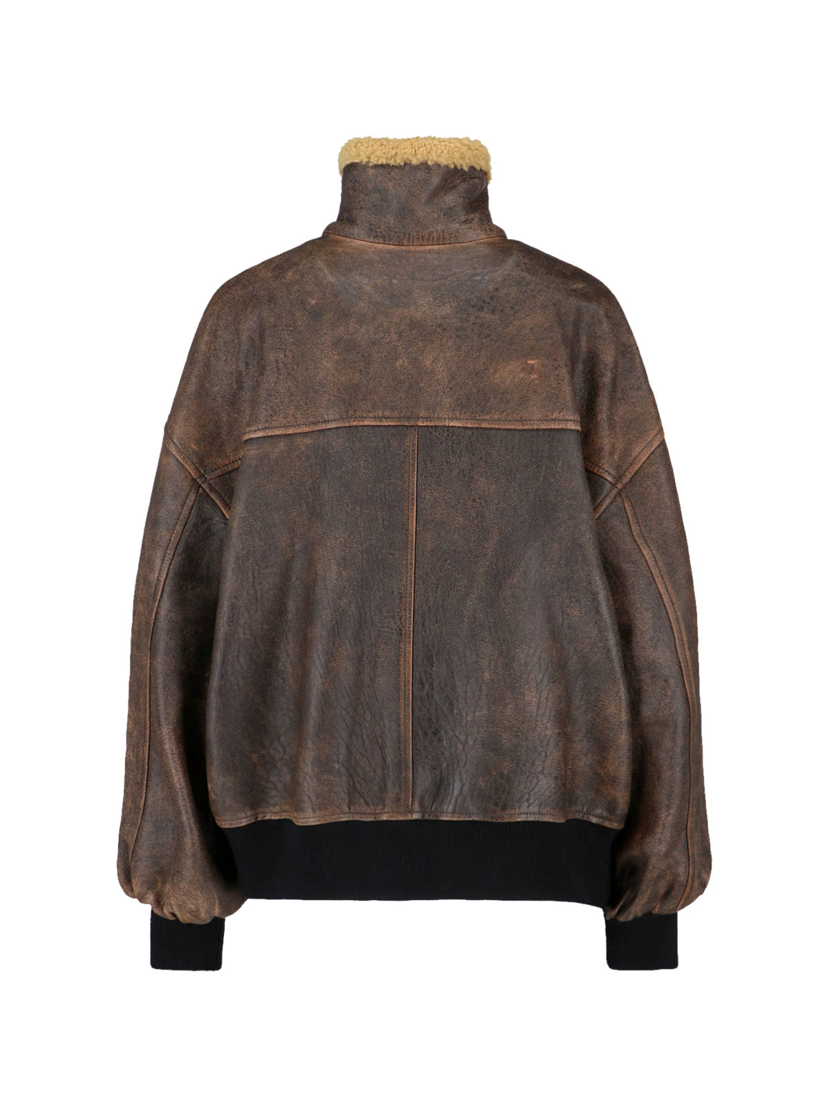 Distressed Brown Leather Jacket with Shearling Collar