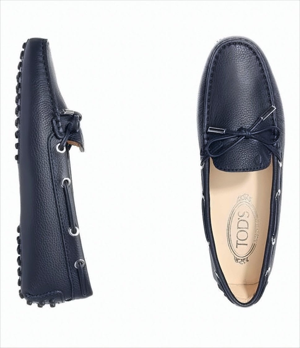Pebbled Leather Loafers with Decorative Bow and Studded Sole