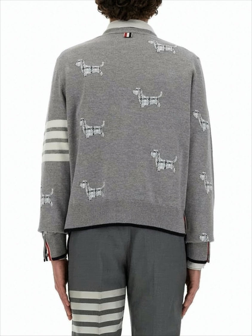 Embroidered Grey Wool Blend Cardigan with Signature Stripes
