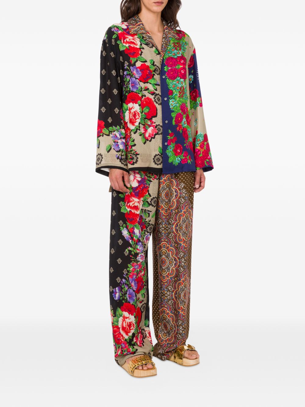 Wide-Leg Silk And Nylon Patchwork Trousers
