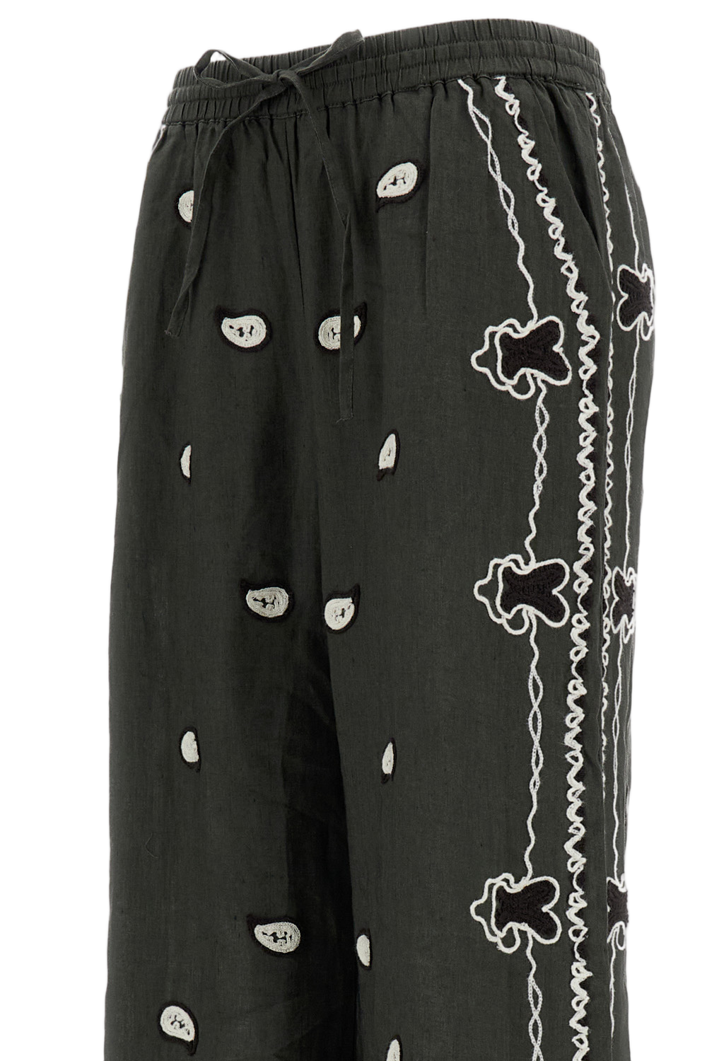 Embroidered Linen Trousers With Wide Leg