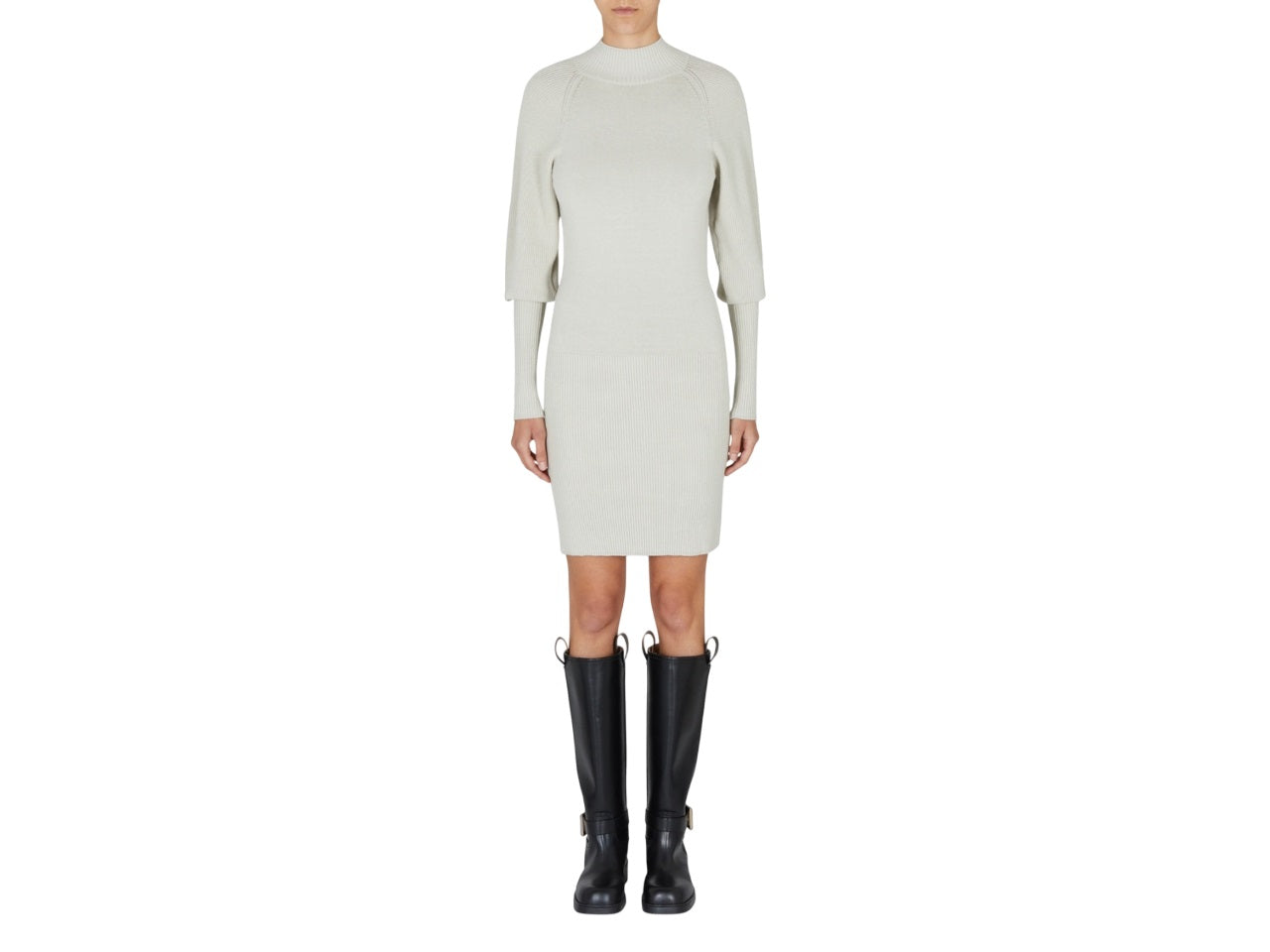 Beige Fitted Midi Dress With High Neckline