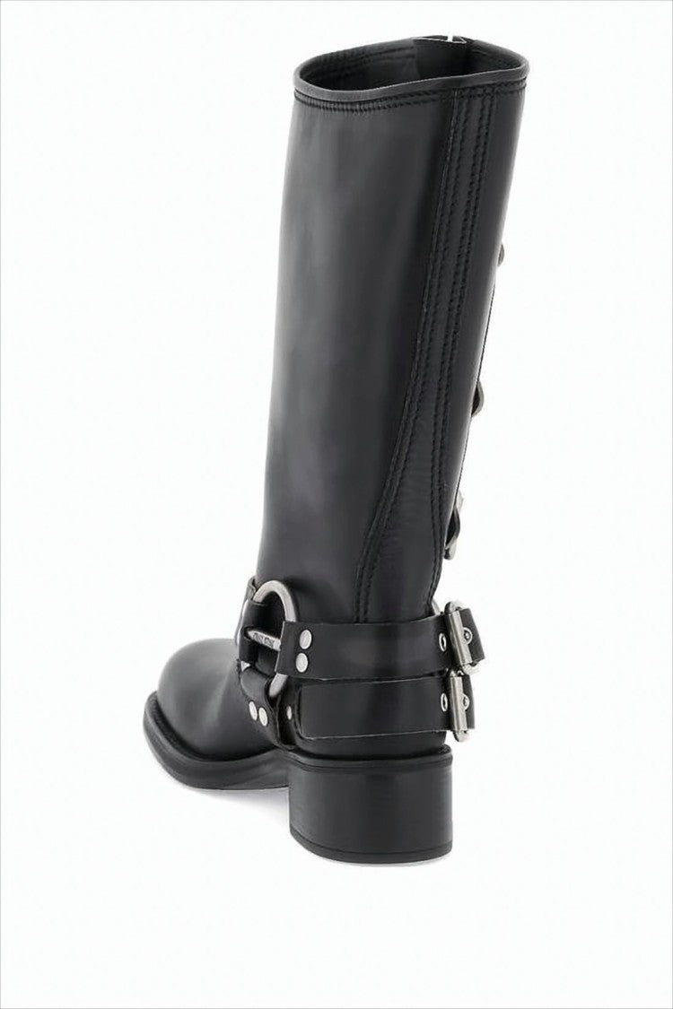 Mid-Calf Black Calf Leather Boots with Adjustable Buckles