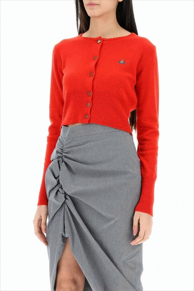 Cropped Knit Cardigan with Wooden Buttons and Emblem
