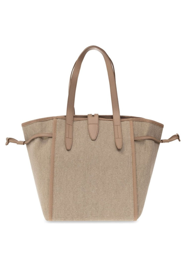 Textured Fabric Handbag With Leather Accents