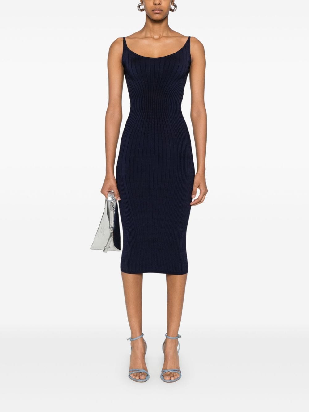 Midnight Blue Ribbed Knit Midi Dress