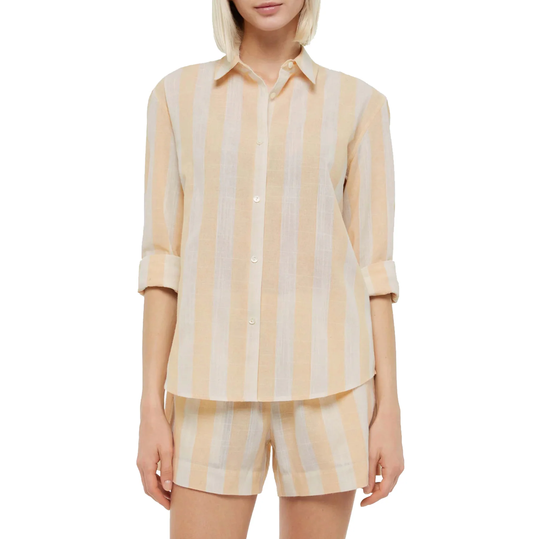 Beige and Off-White Striped Long-Sleeved Button-Up Shirt