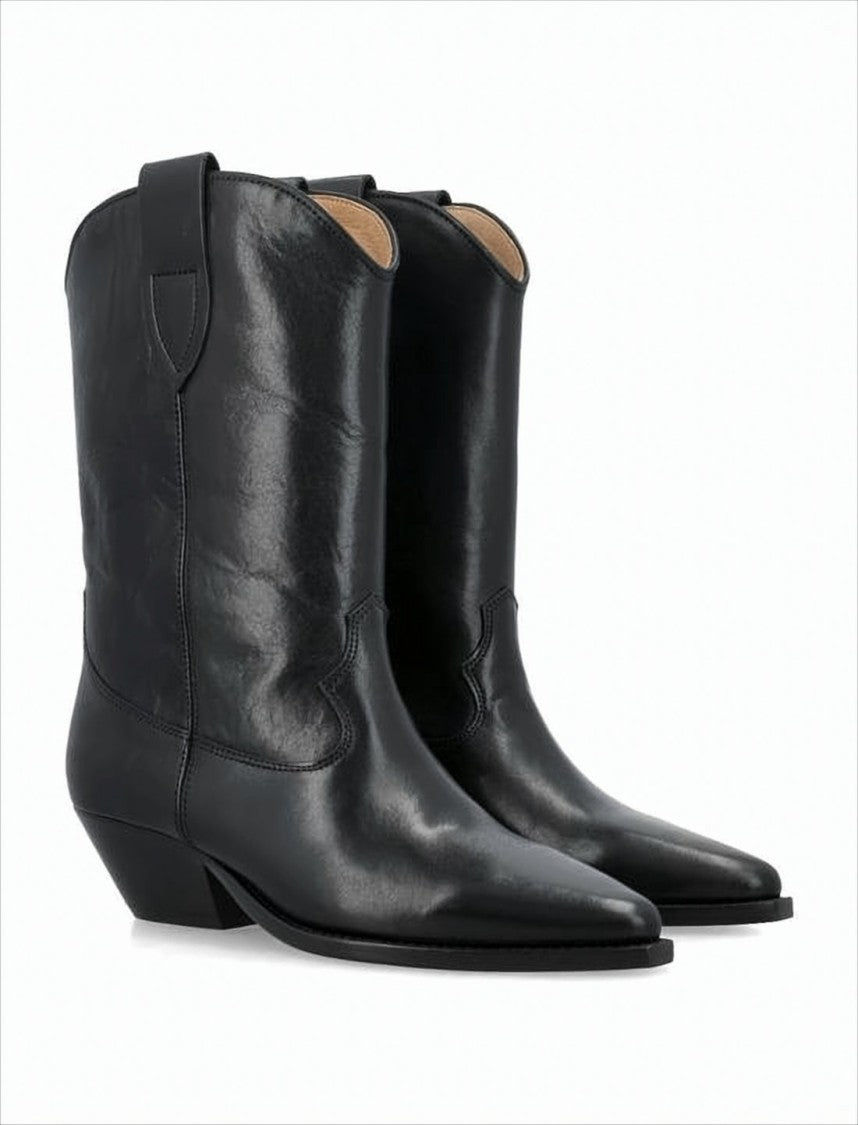 Mid-Calf Slouched Leather Boots with Pointed Toe