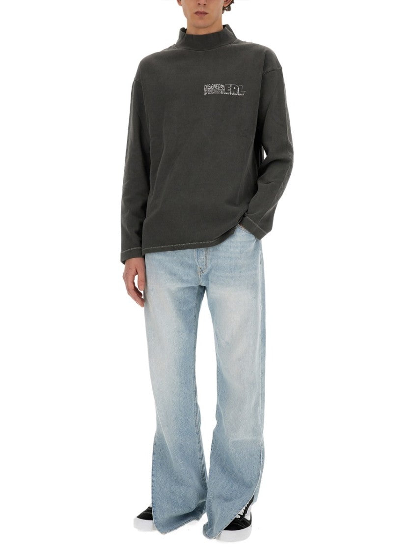 Print T-Shirt With High Neckline And Long Sleeves