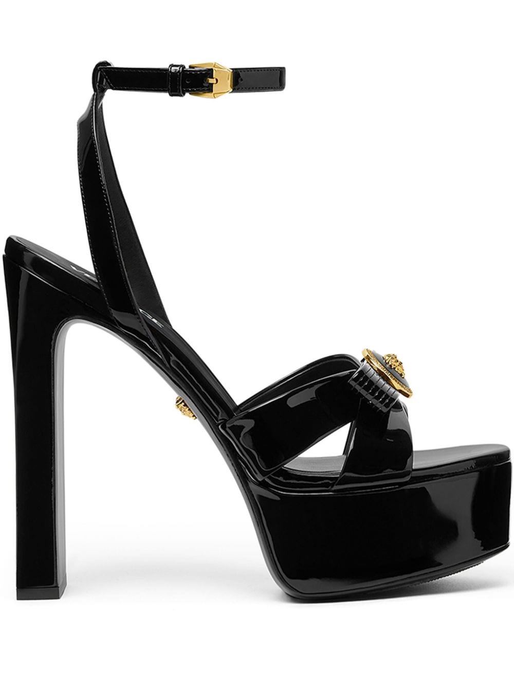 Buckle-Fastening Black Patent Leather Platform Sandals