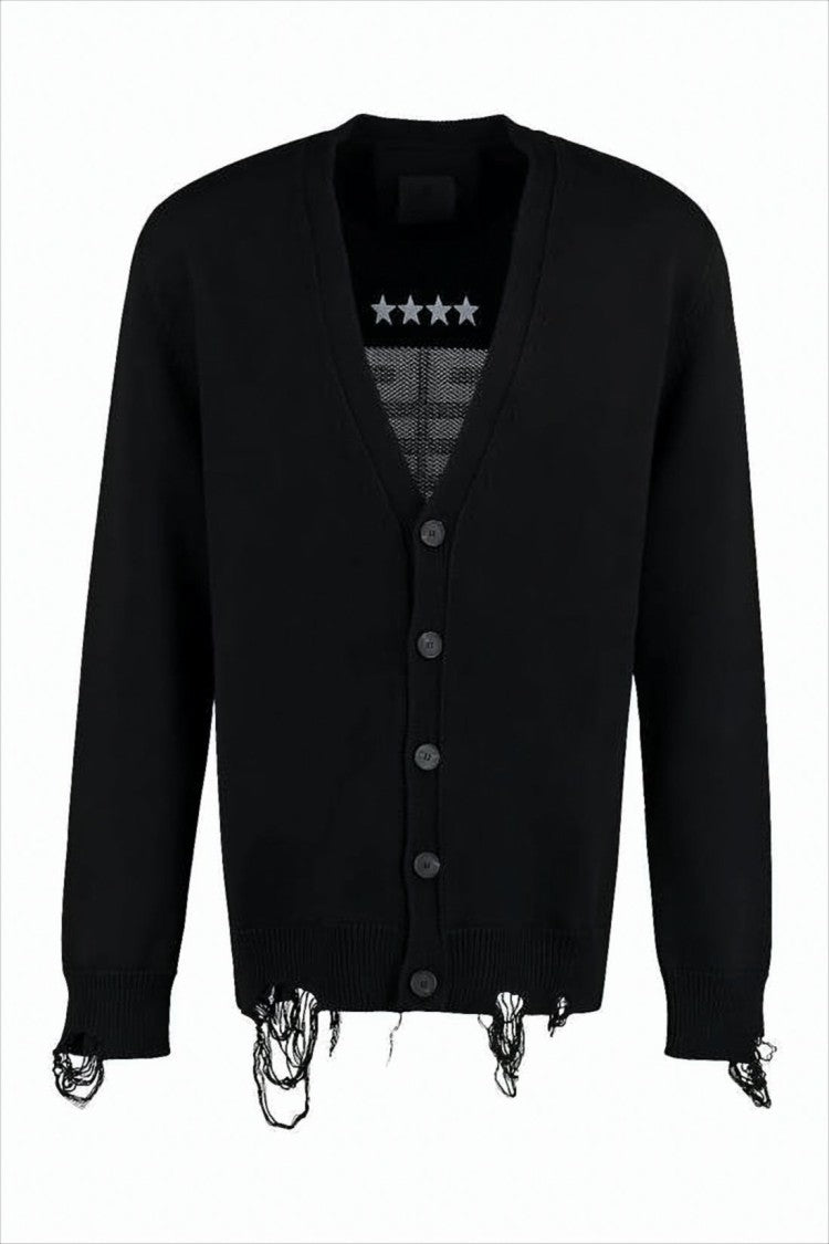 Black Cardigan with Deep V-Neckline and Bold Graphic Design