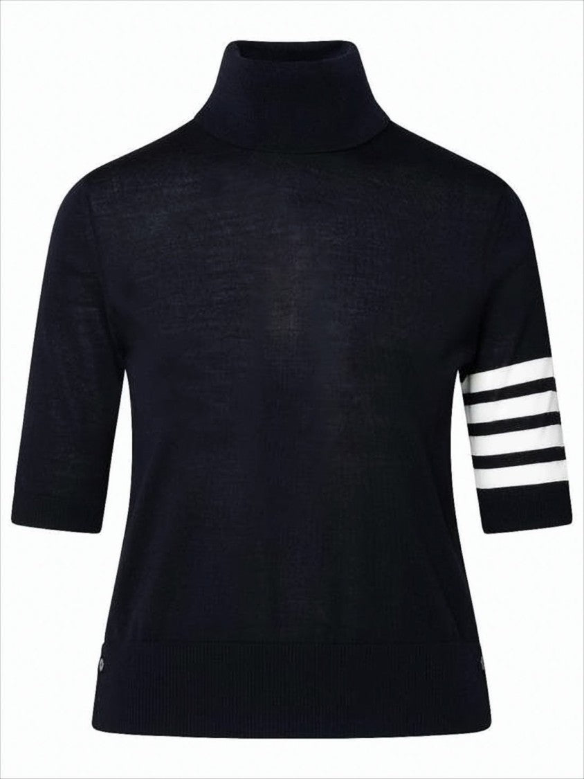Fitted Black Turtleneck Sweater with Bold Stripe Detail