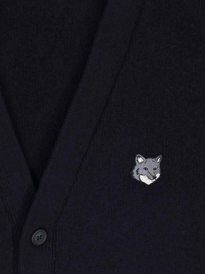 "Fox Head" Cardigan, In Blue Wool