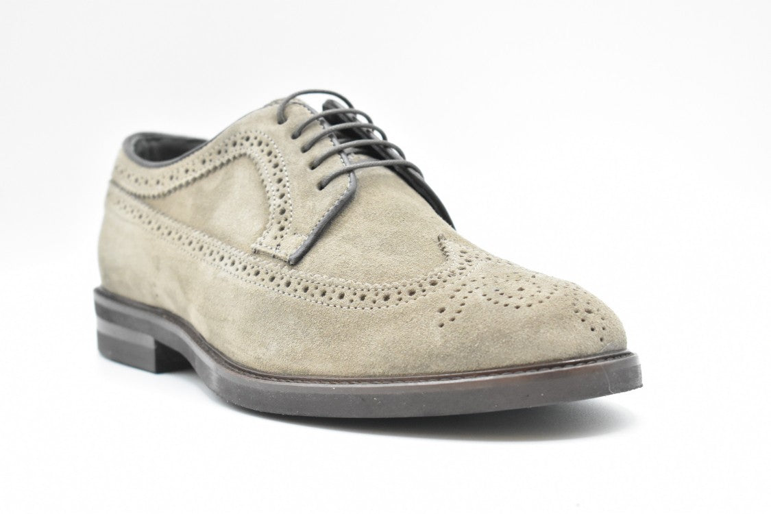 Beige Suede Wingtip Flat Shoes With Detailing