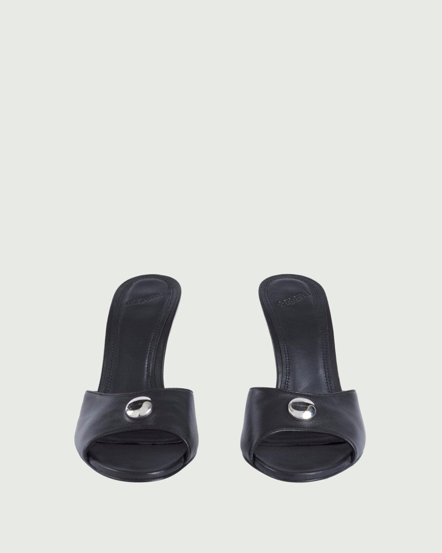 Open-Toe Black Lamb Leather Mules
