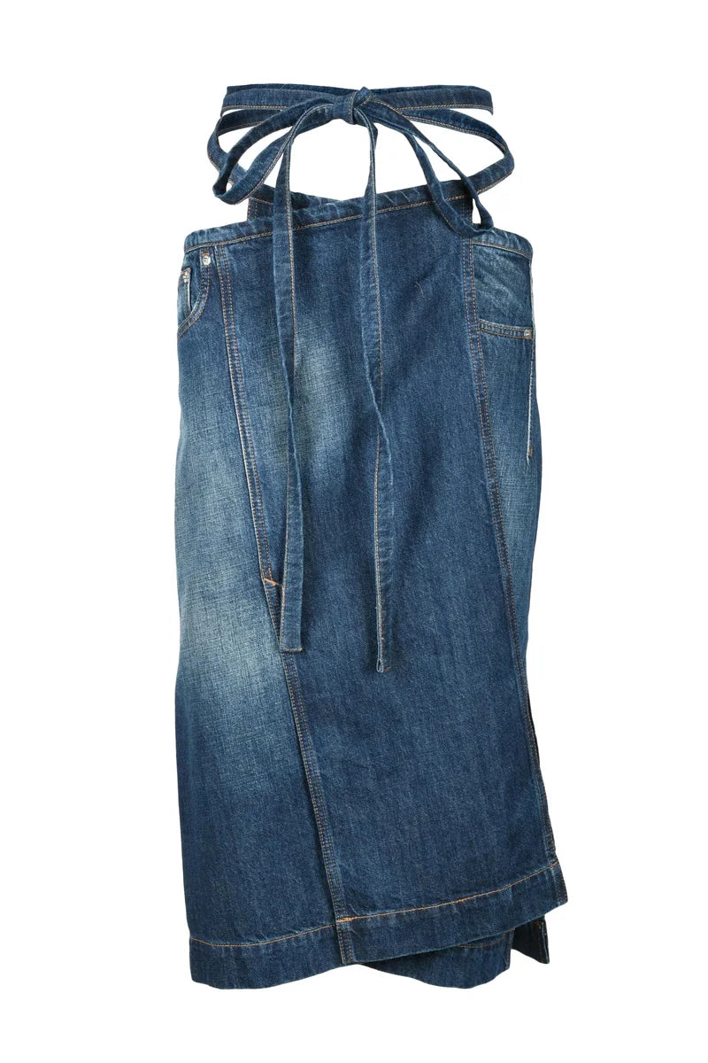 Wrap-Around Blue Denim Midi Skirt