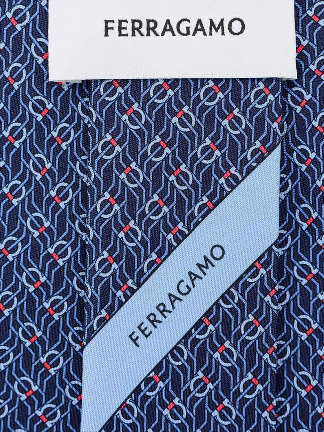 Blue Geometric Pattern Red White Silk Tie