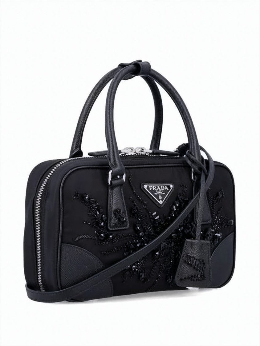 Rectangular Tote Bag With Leather Accents And Beaded Embellishments