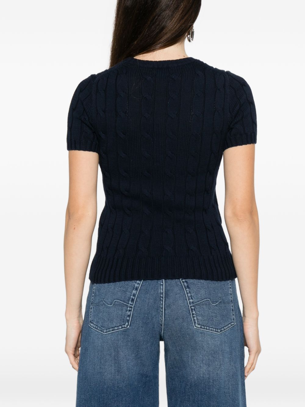 Navy Blue Ribbed Crewneck Short-Sleeve Sweater