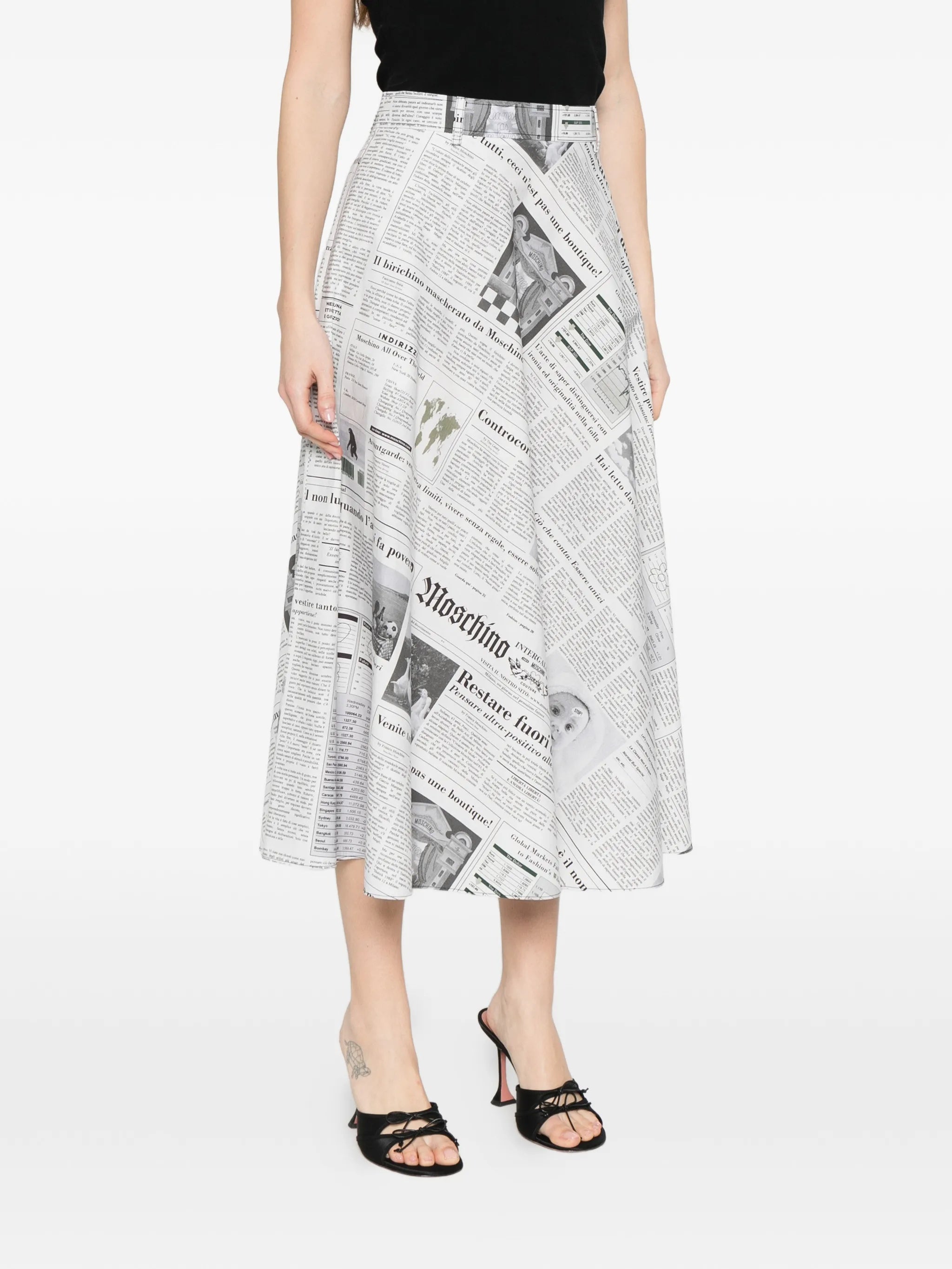 Midi Skirt with High Waist and Newspaper Print