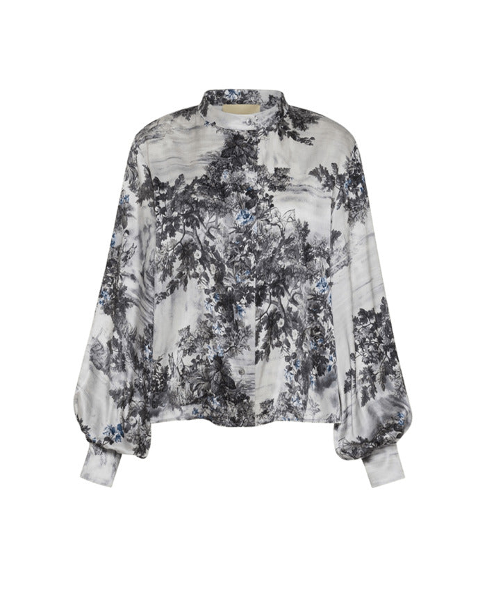 Floral Print Long-Sleeved Blouse with Voluminous Sleeves