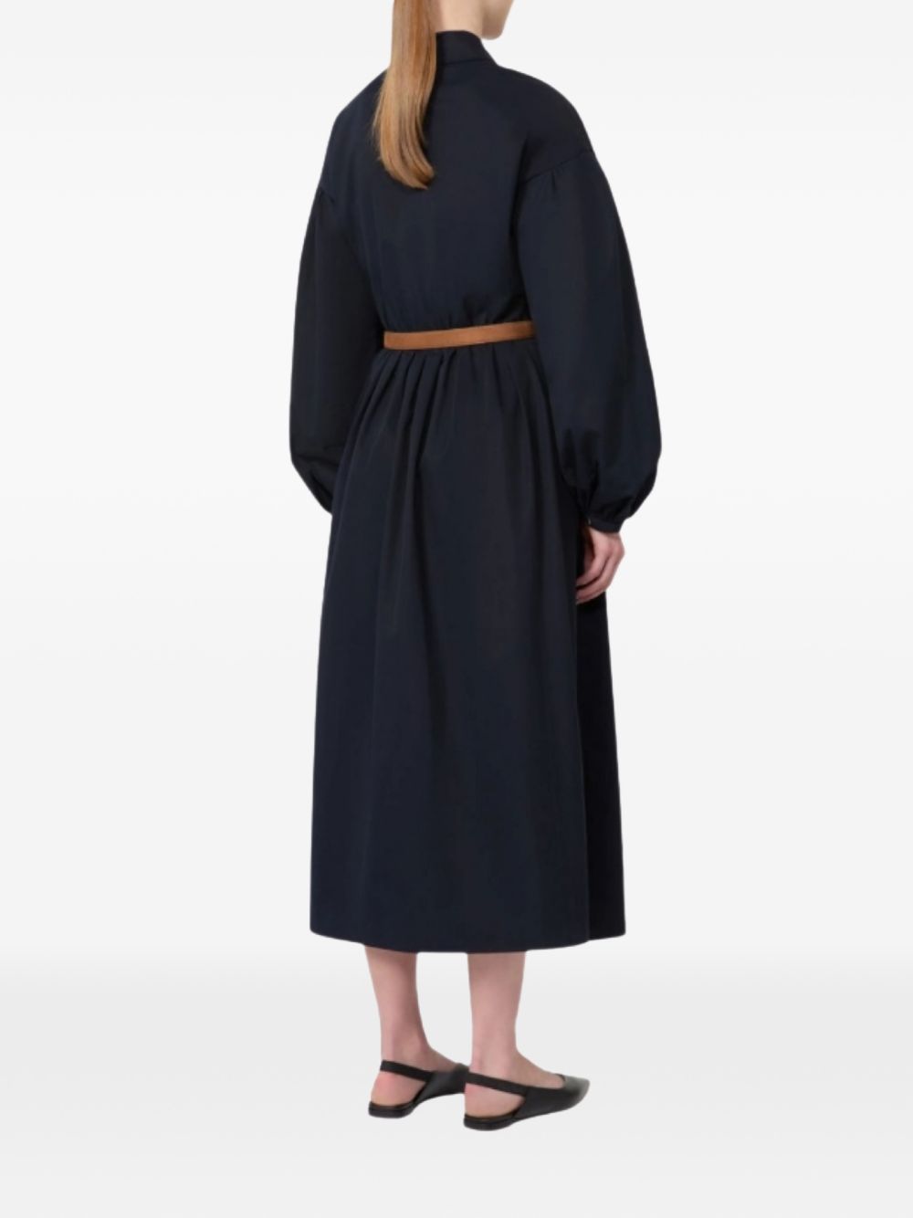 Calf-Length Blue Midi Dress with Balloon Sleeves