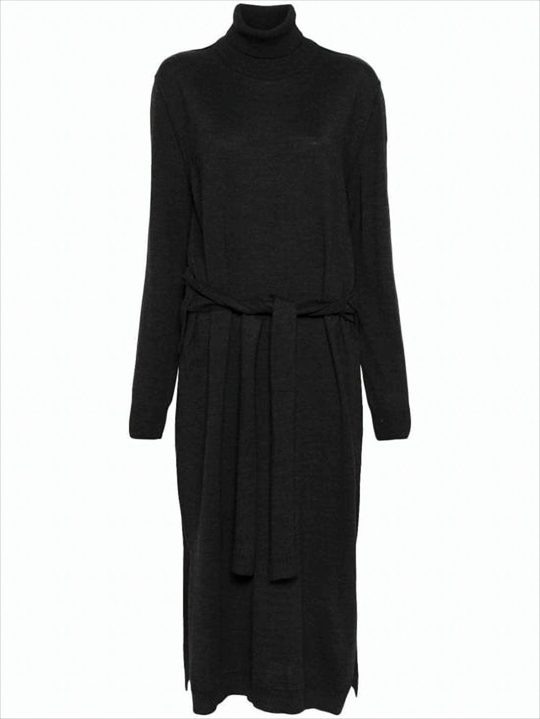 Turtleneck Midi Dress With Fabric Belt