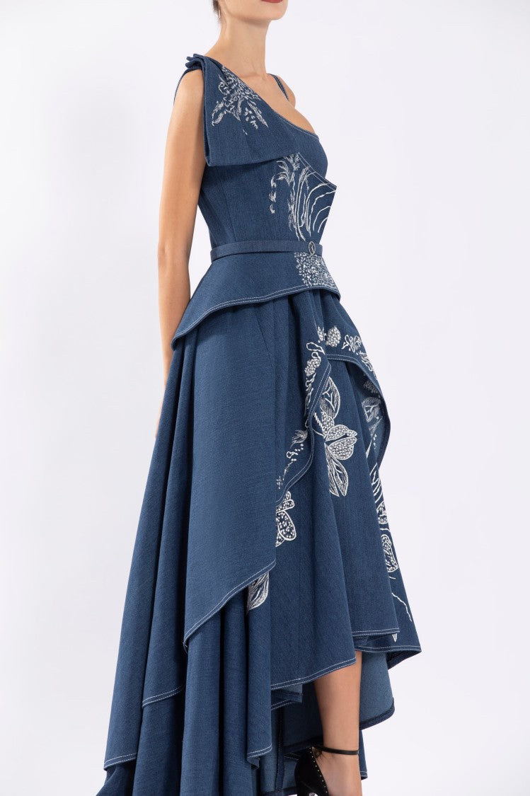 Denim Dress With Floral Embroidery