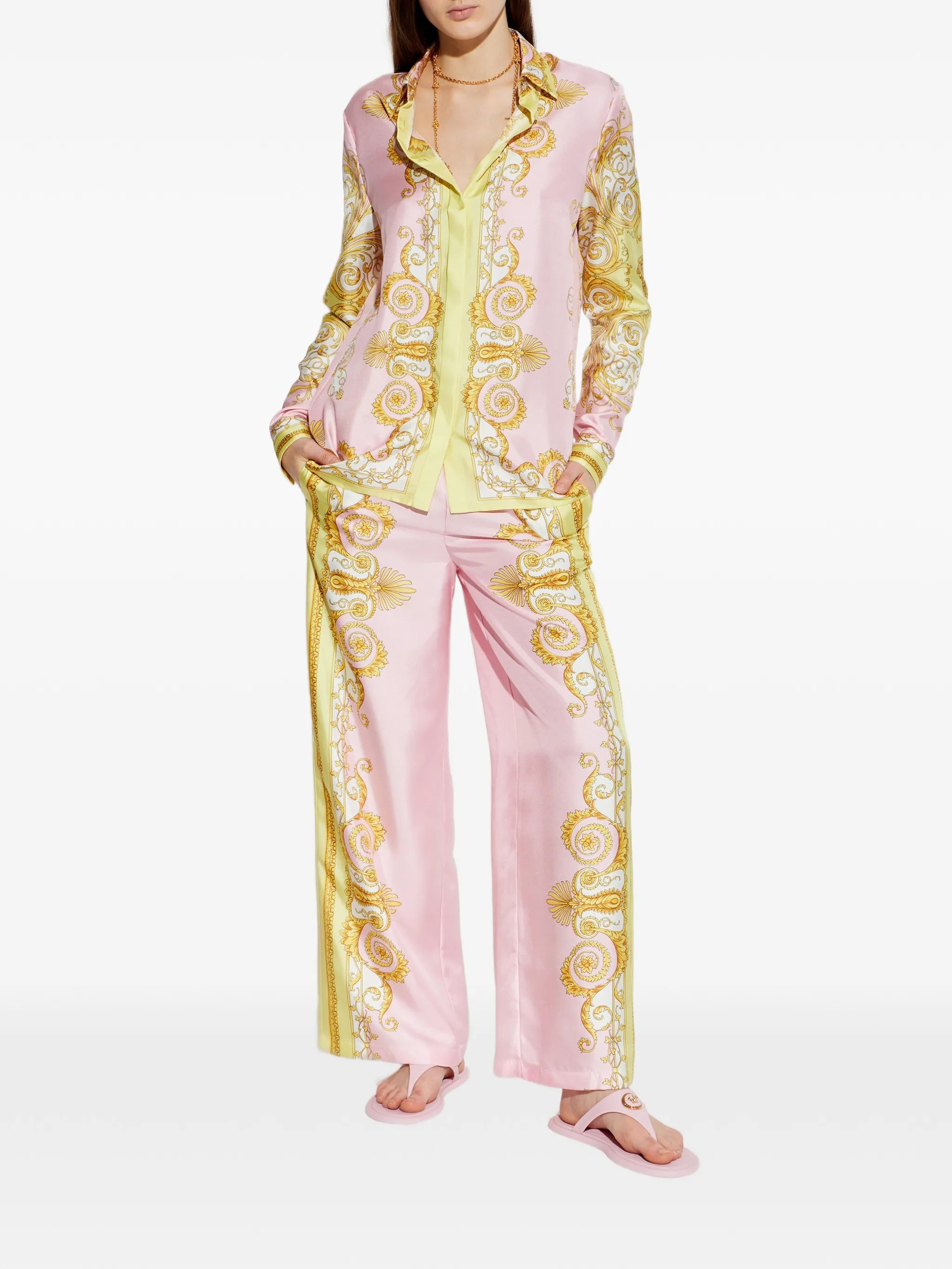 Pastel Pink Baroque-Inspired Silk Scroll Shirt