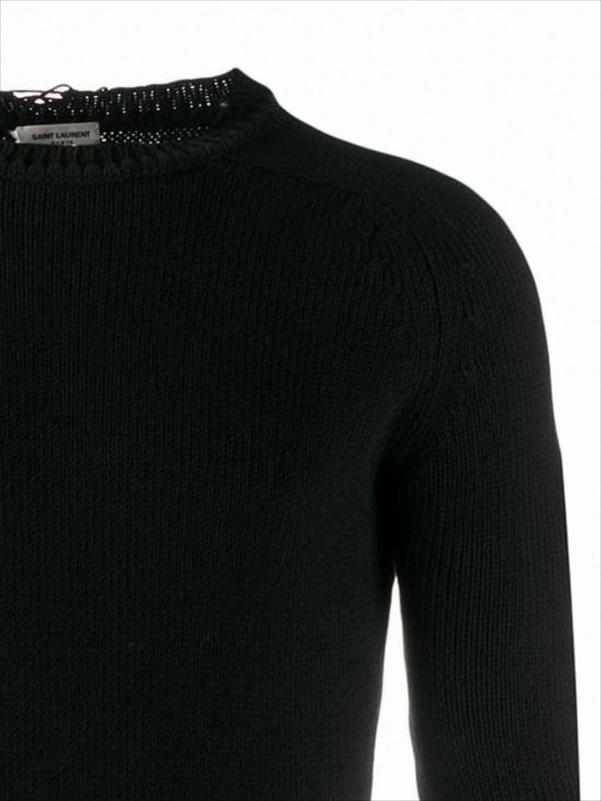 Distressed Black Knit Sweater with Crew Neckline