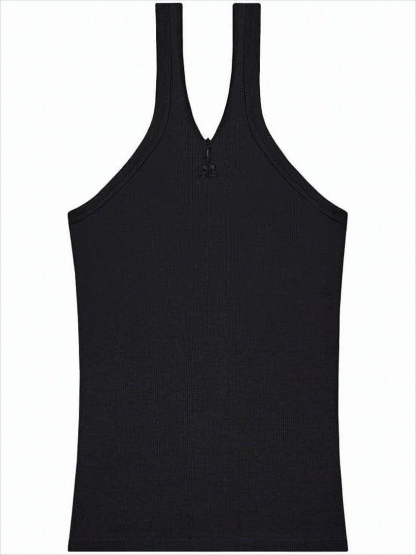 Fitted Black Sleeveless Ribbed Top With Subtle Zipper