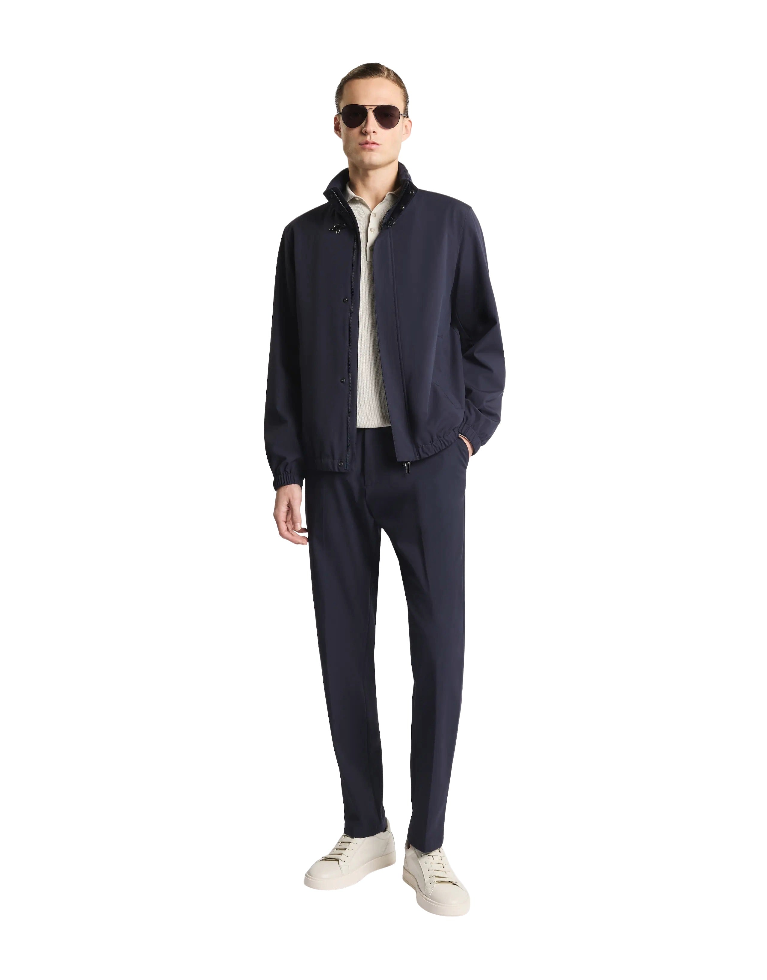 Versatile Navy Stretch Jacket with Leather Accents