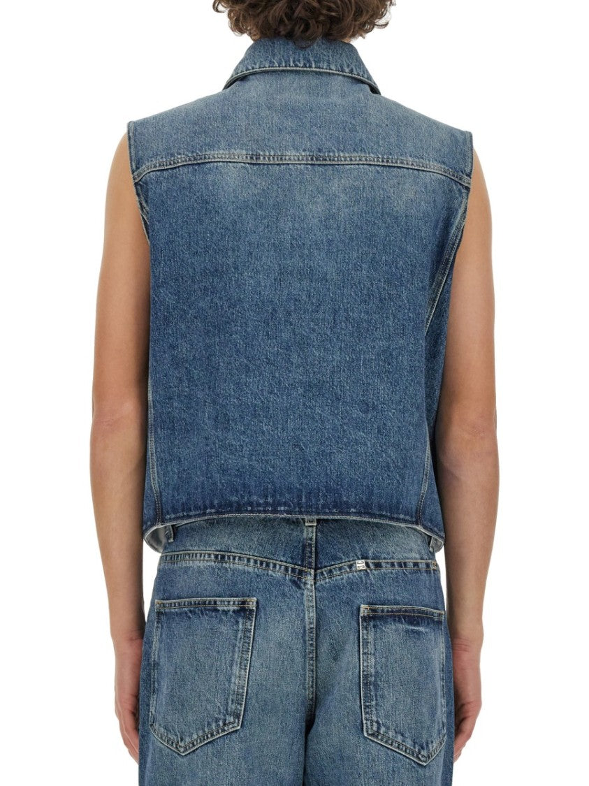 Cropped Denim Vest With Classic Collar
