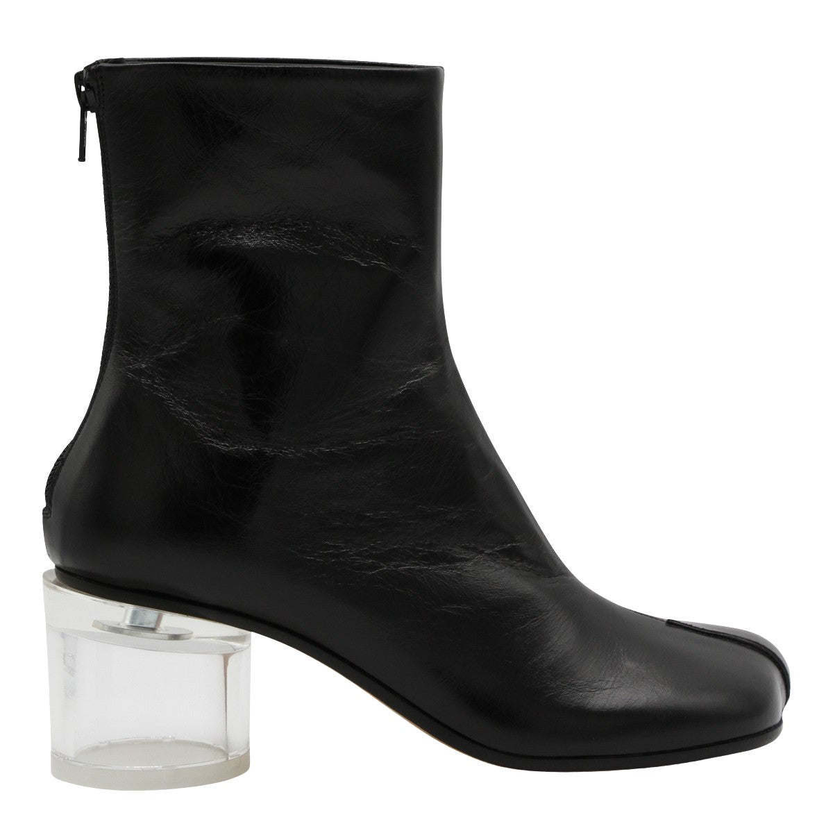 Split-Toe Black Leather Boots with Transparent Heel