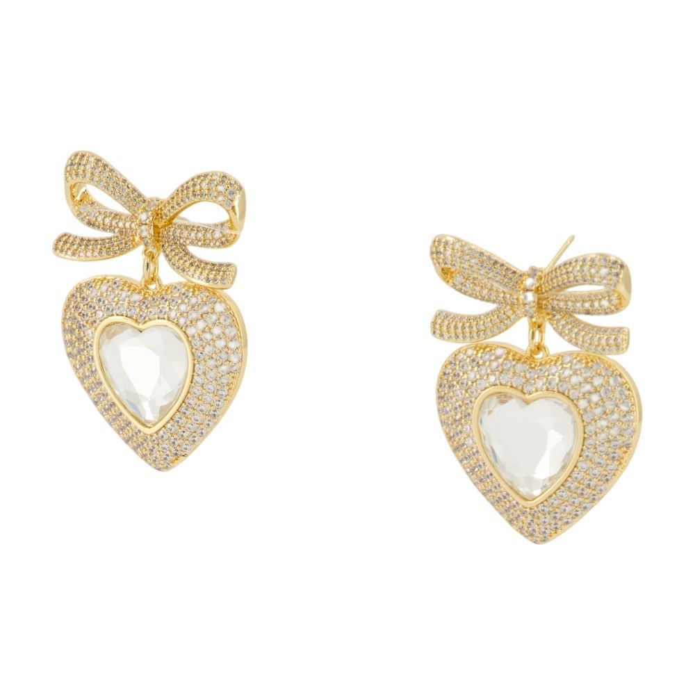 Bow Crystal Heart Earrings - Metal - Gold
