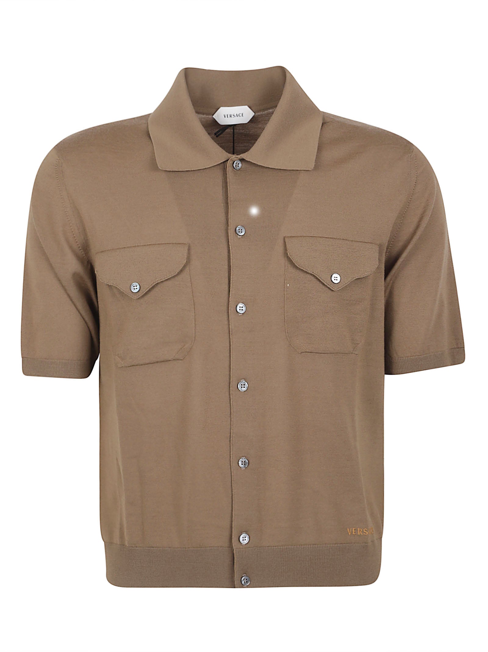 Wool Knit Short-Sleeve Shirt with Polo Collar and Flap Pockets
